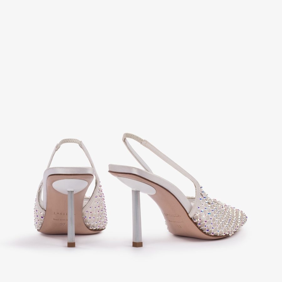 GILDA SLINGBACK 80 mm-Paper white fishnet slingback with Crystals - Image 3