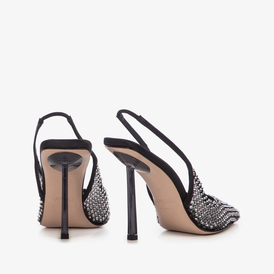 GILDA SLINGBACK 100 mm-Black fishnet slingback with Crystals - Image 3