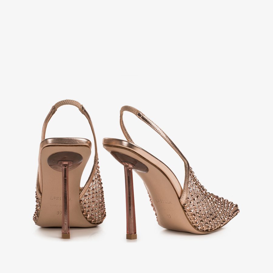 GILDA SLINGBACK 100 mm-Gold pink fishnet slingback with Crystals - Image 3