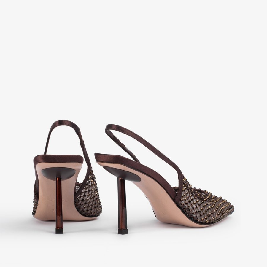 GILDA SLINGBACK 80 mm-Dark chocolate brown fishnet slingback with Crystals - Image 3