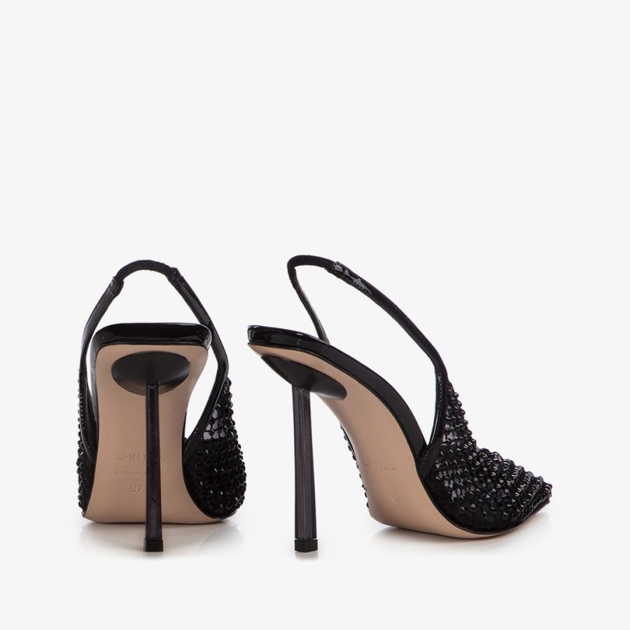 GILDA SLINGBACK 100 mm-Jet black fishnet slingback with Crystals - Image 3