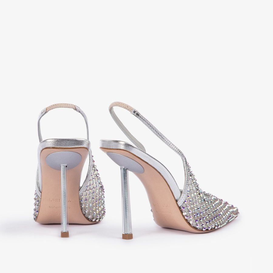 GILDA SLINGBACK 100 mm-Eclipse silver fishnet slingback with Crystals - Image 3