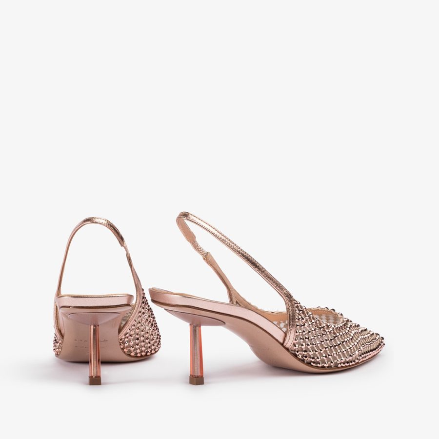 GILDA SLINGBACK 60 mm-Gold pink fishnet slingback with Crystals - Image 3