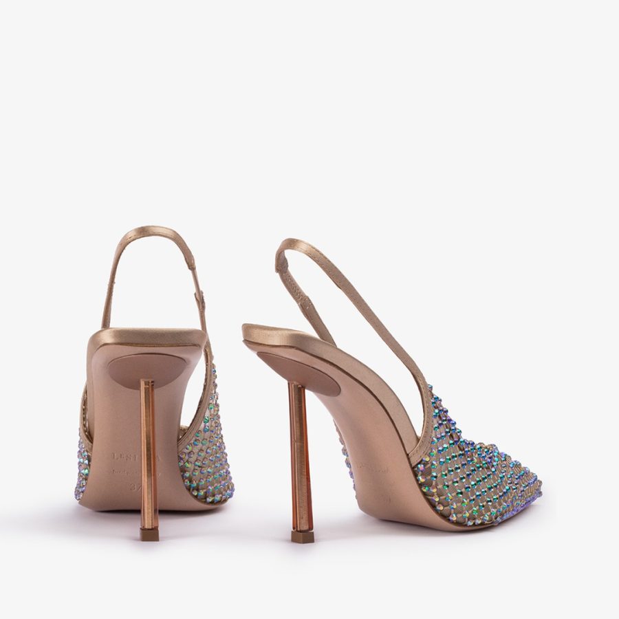 GILDA SLINGBACK 100 mm-Gold fishnet slingback with iridescent Crystals - Image 3