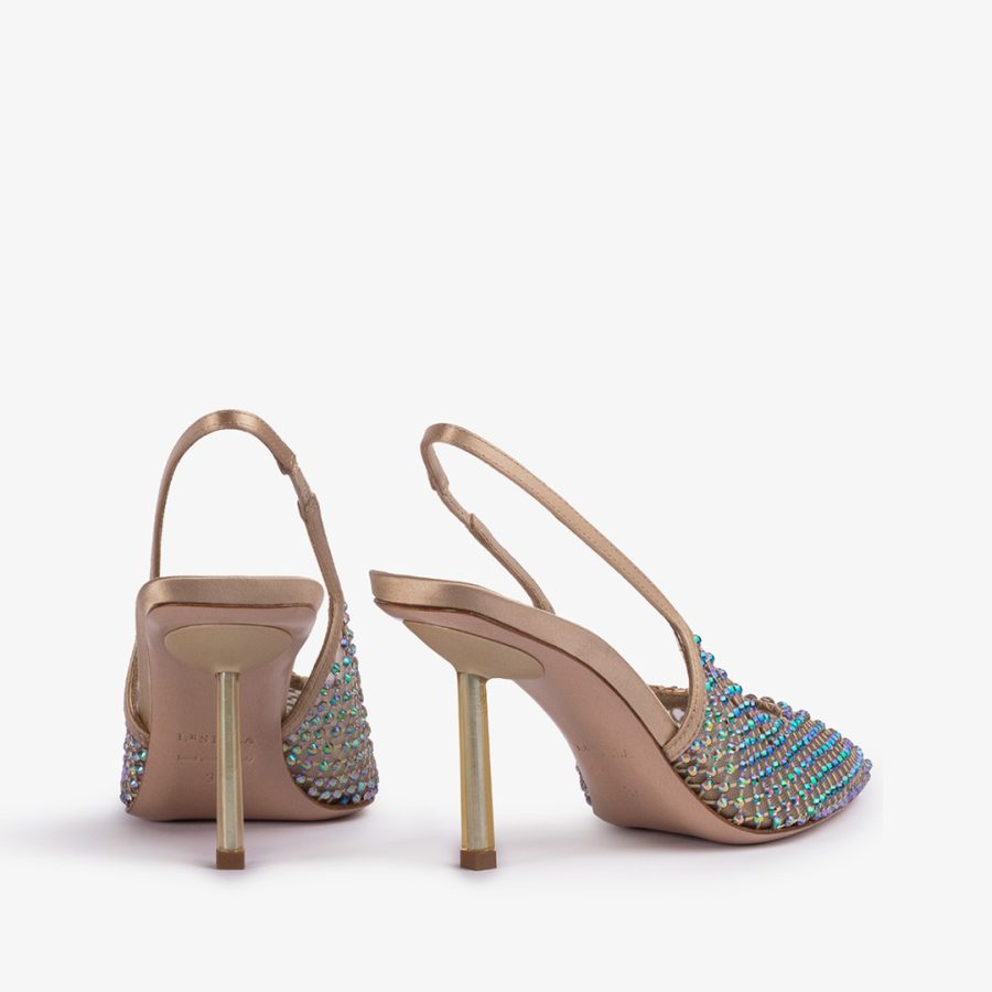 GILDA SLINGBACK 80 mm-Gold fishnet slingback with iridescent Crystals - Image 3