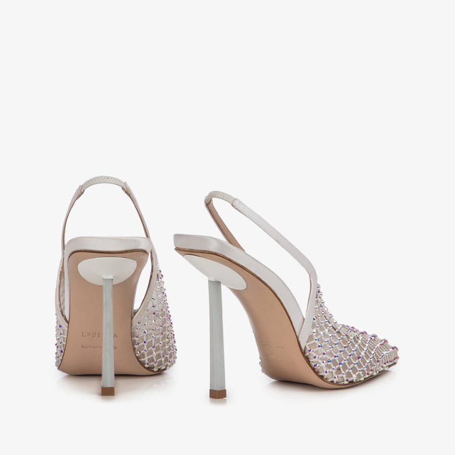 GILDA SLINGBACK 100 mm-White fishnet slingback with Crystals - Image 3