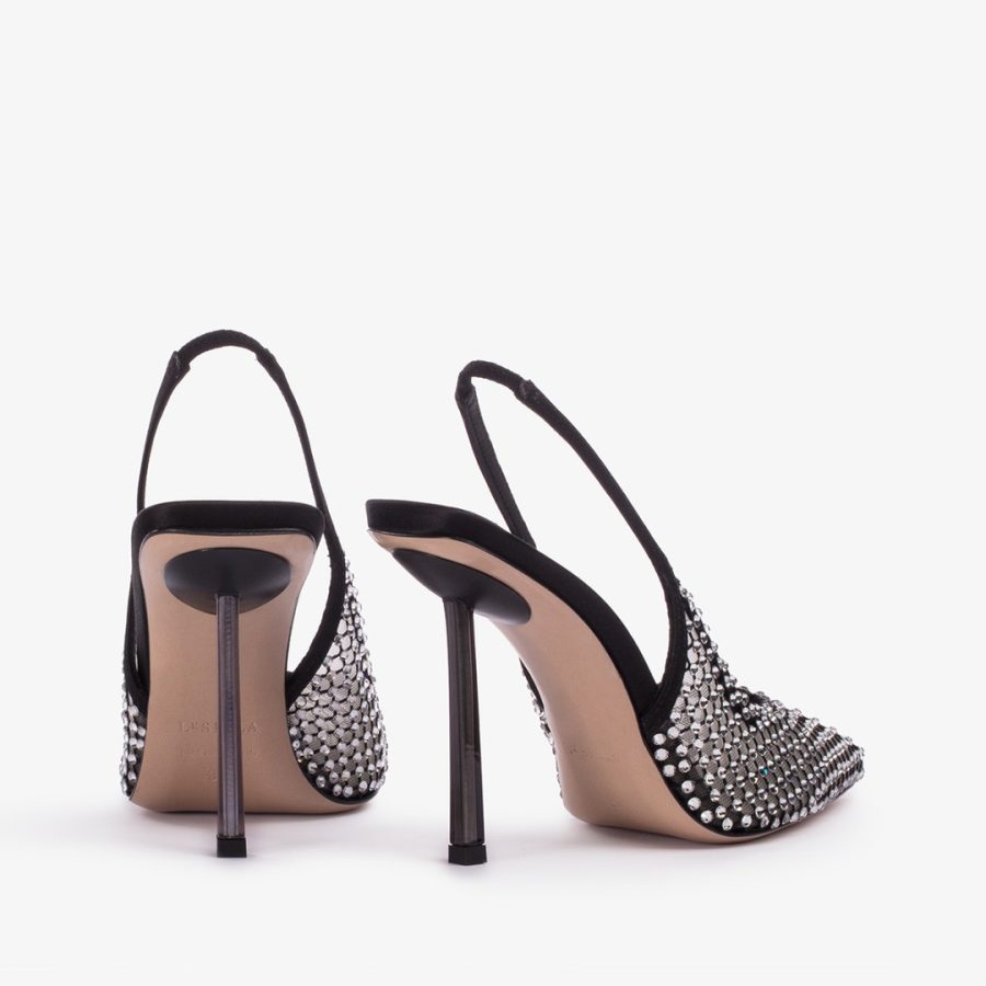 GILDA SLINGBACK 100 mm-Black fishnet slingback with silver Crystals - Image 3