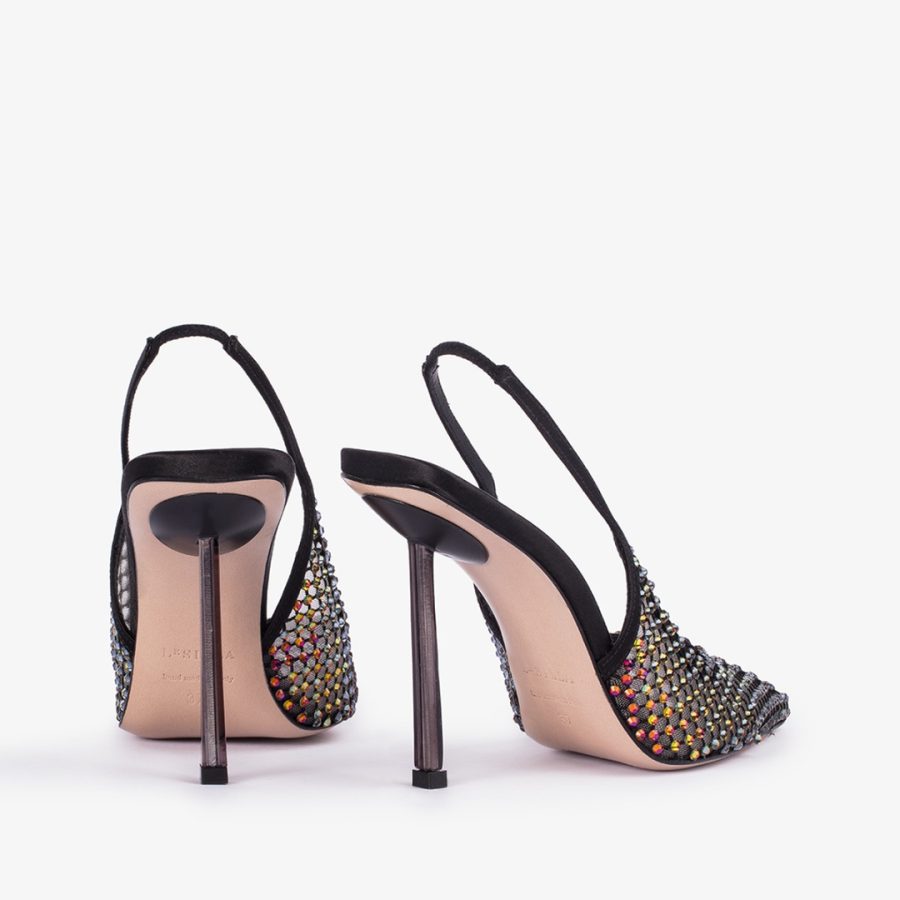 GILDA SLINGBACK 100 mm-Black fishnet slingback with iridescent Crystals - Image 3