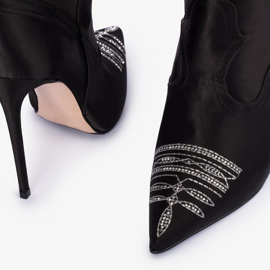 EVA COWBOY ANKLE BOOT 120 mm-Black satin Western-inspired ankle boot with Crystals - Image 4