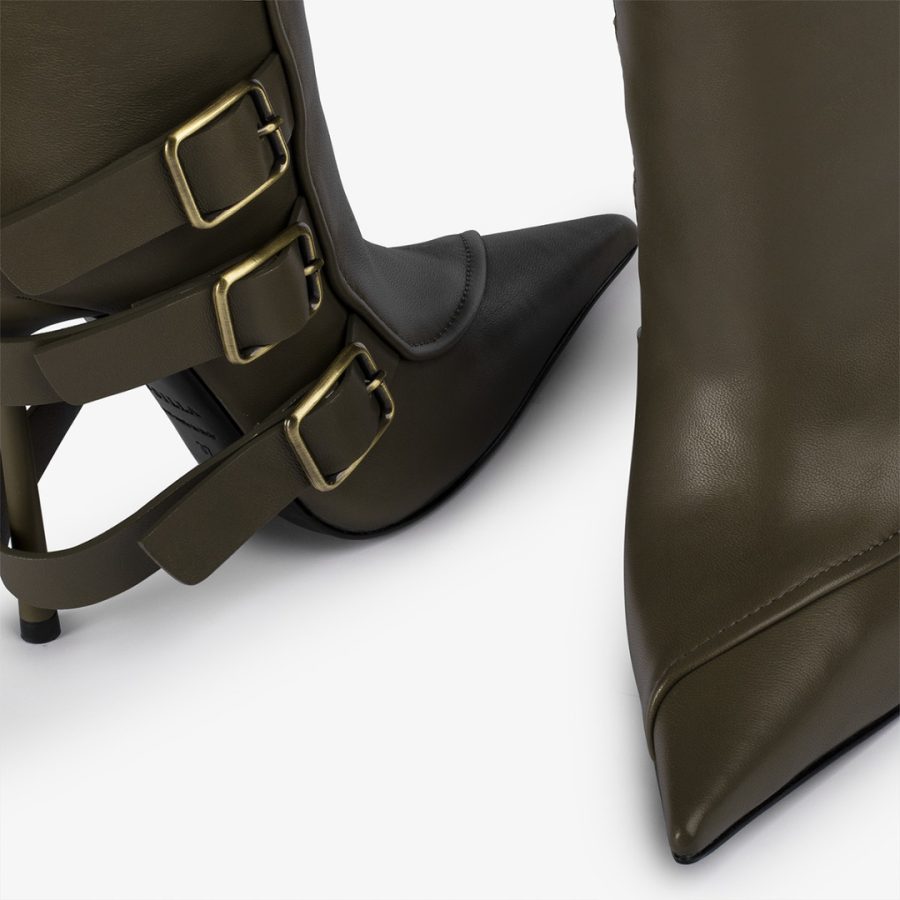 COURTNEY BOOT 120 mm-Khaki green nappa knee boot with buckles - Image 4