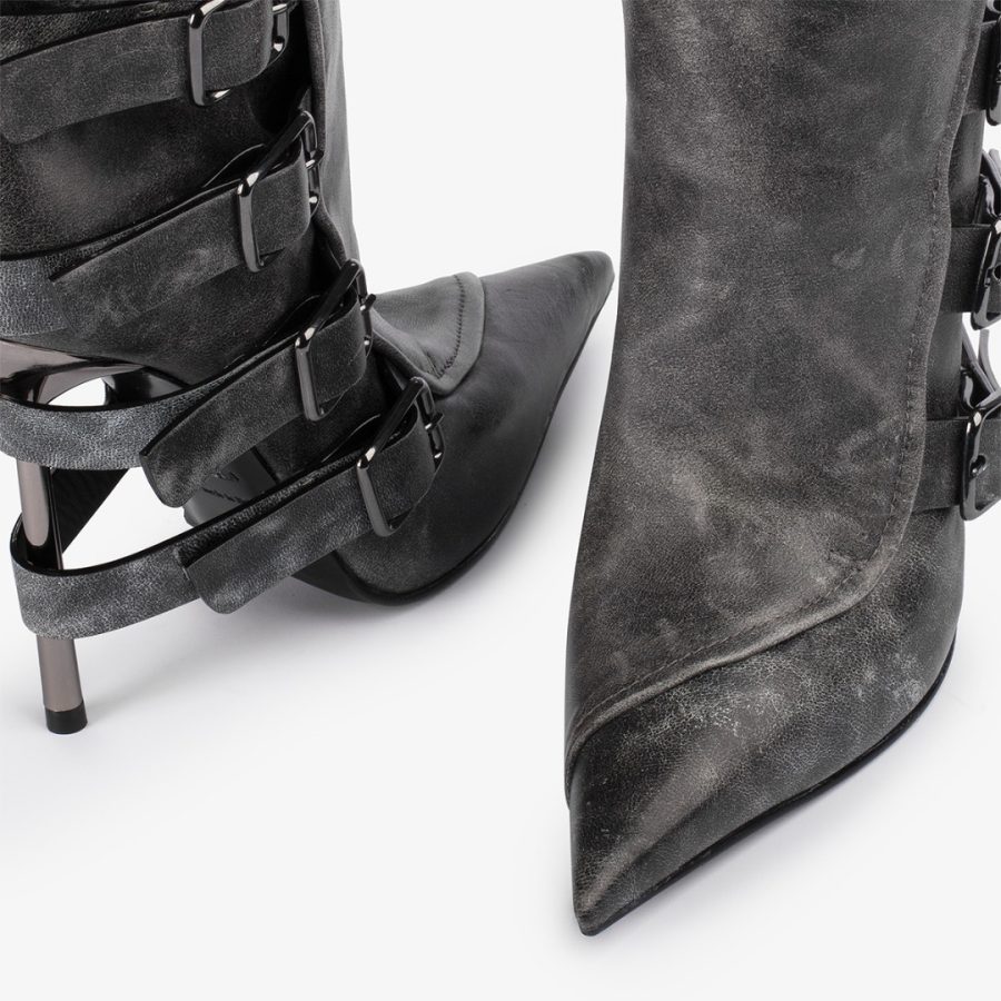 COURTNEY BOOT 120 mm-Black vintage effect leather knee boot with buckles - Image 4