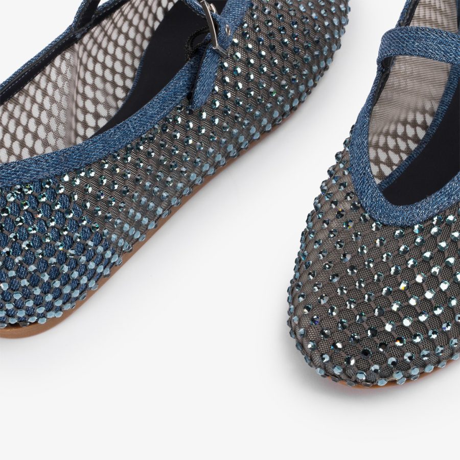 GILDA BALLET FLAT-Denim blue fishnet ballet flat with Crystals - Image 4