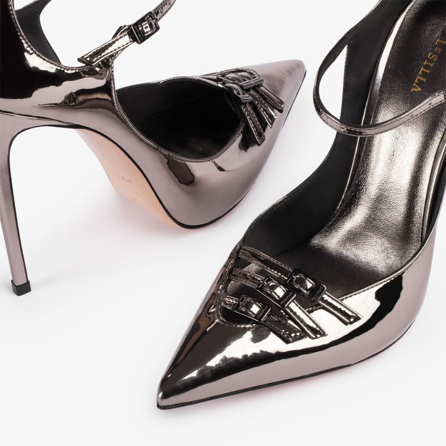 MORGANA PUMP 120 mm-Pewter metallic pump with straps - Image 4