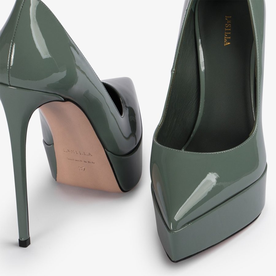 UMA PUMP 140 mm-Dust green patent leather platform pump - Image 4