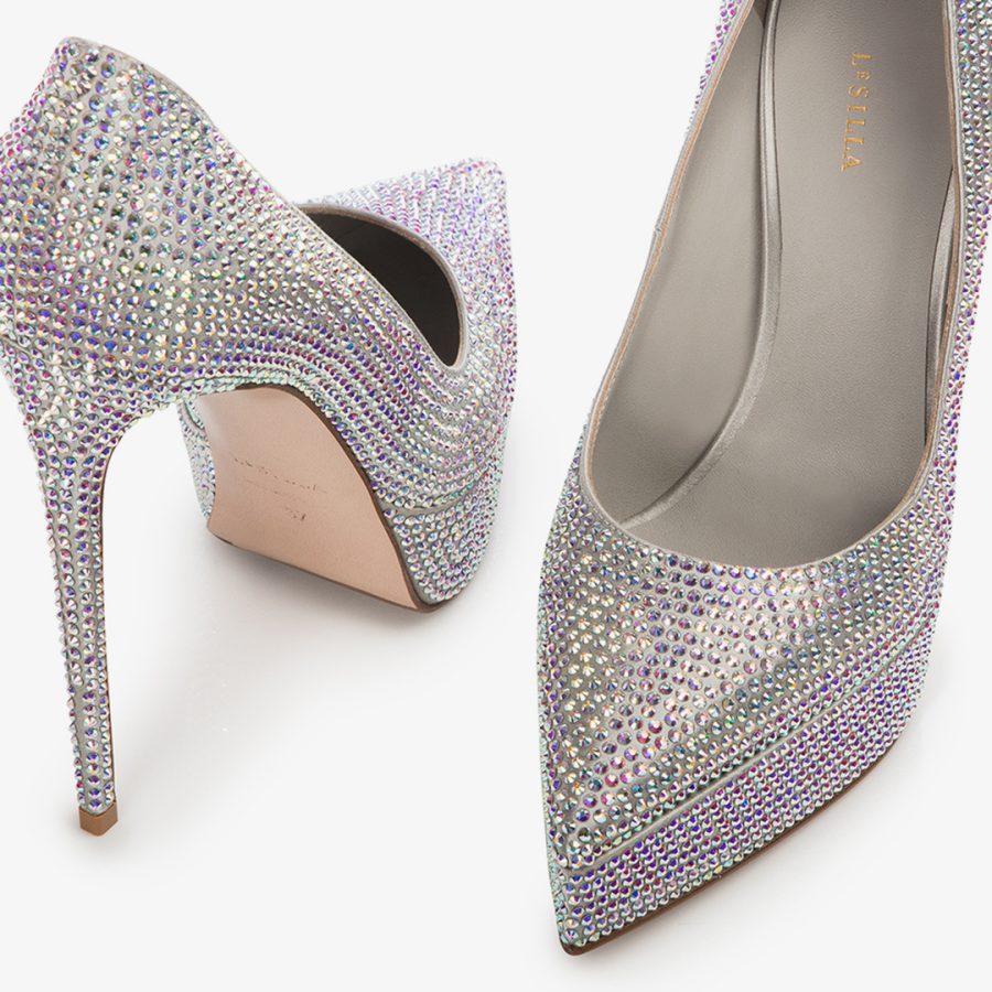 UMA PUMP 140 mm-Silver satin and Crystals platform pump - Image 4