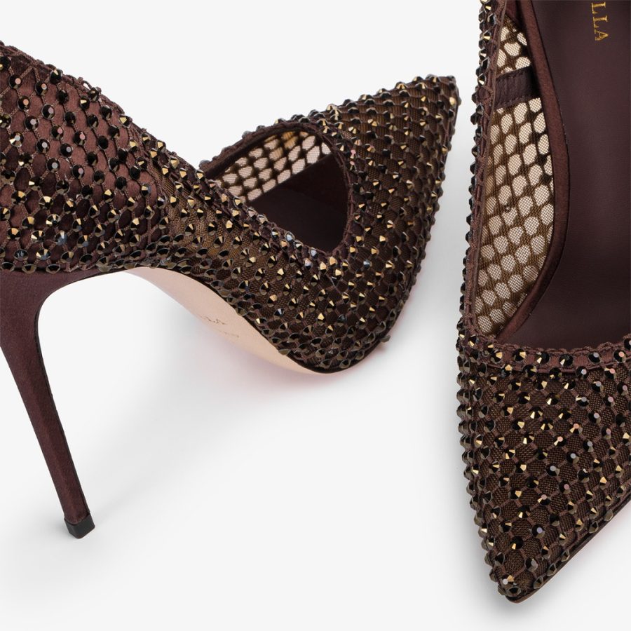 GILDA PUMP 120 mm-Dark chocolate brown fishnet pump with Crystals - Image 4