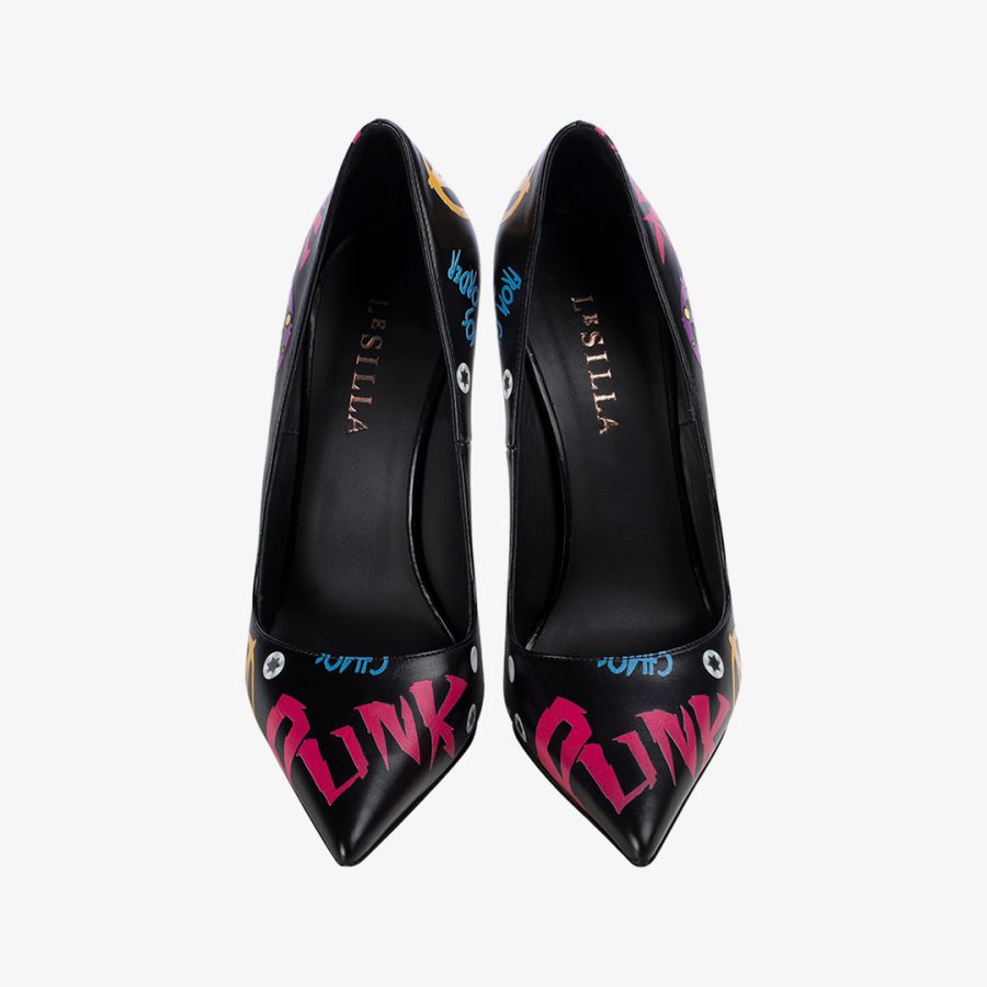 PUNK PUMP 120 mm-Black leather pump with fuchsia prints - Image 4