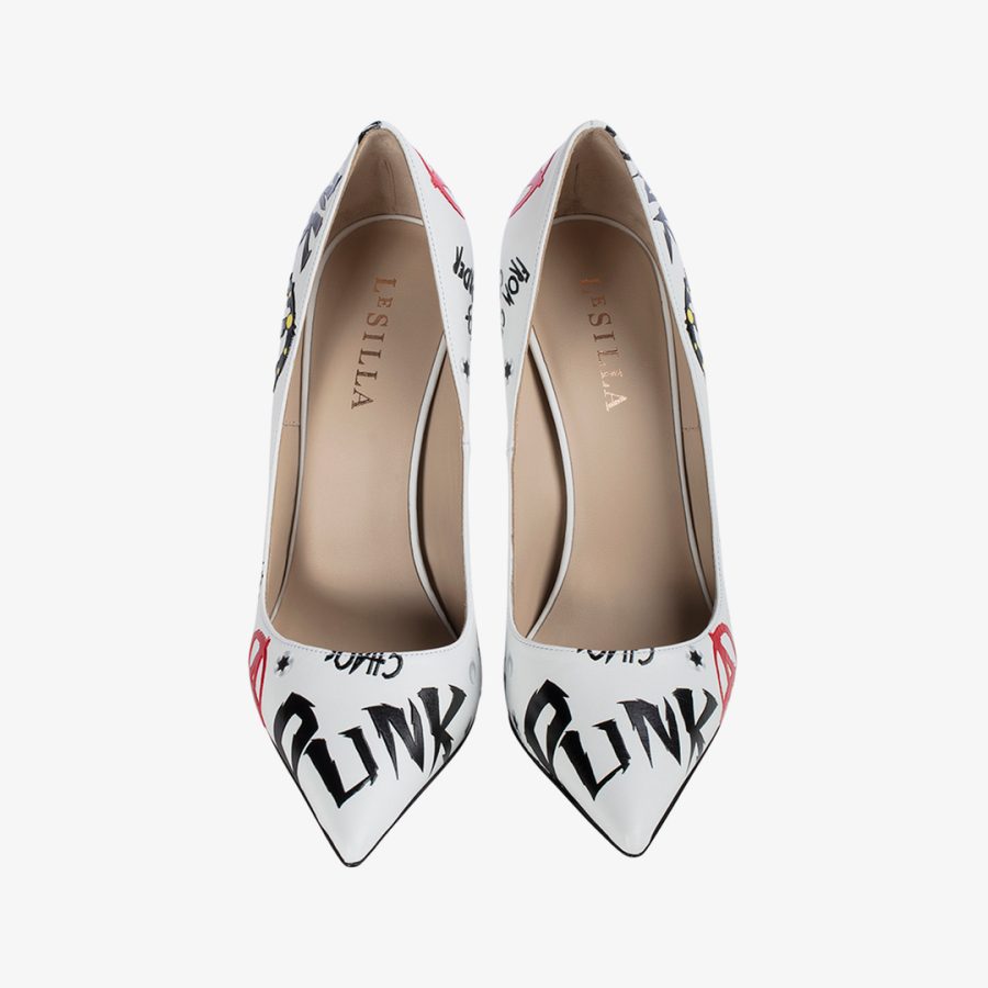 PUNK PUMP 120 mm-White leather pump with black prints - Image 4