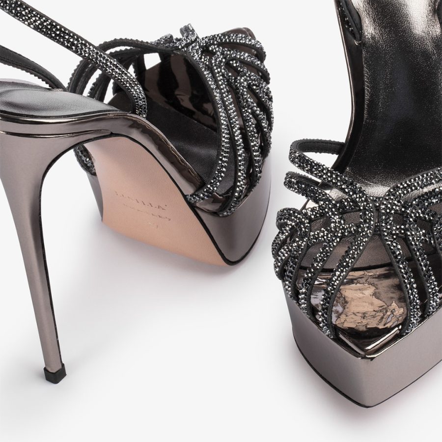 EMBRACE SANDAL 140 mm-Pewter metallic platform sandal with Crystals - Image 4