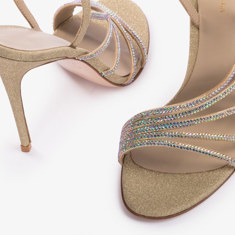 SCARLET SANDAL 105 mm-Gold glitter fabric sandal with iridescent Crystals - Image 4