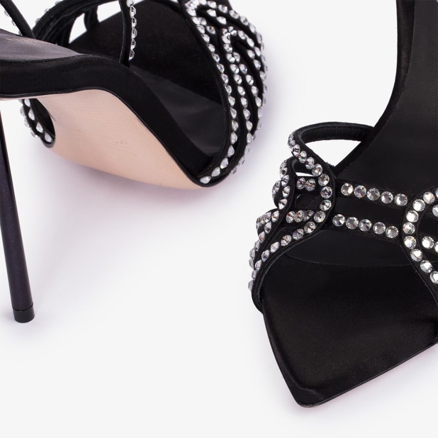 BELLA SANDAL 120 mm-Black satin and silver Crystals sandal - Image 4