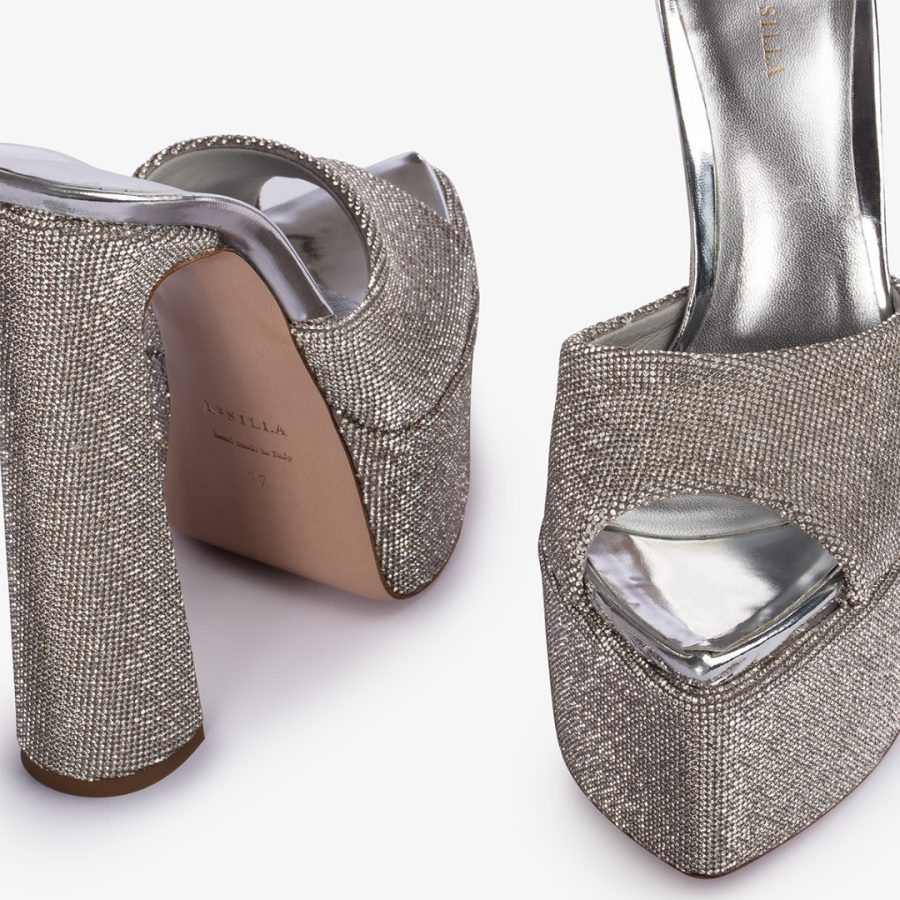 NINA SANDAL 170 mm-Silver Crystal pavé effect platform mule sandal - Image 4