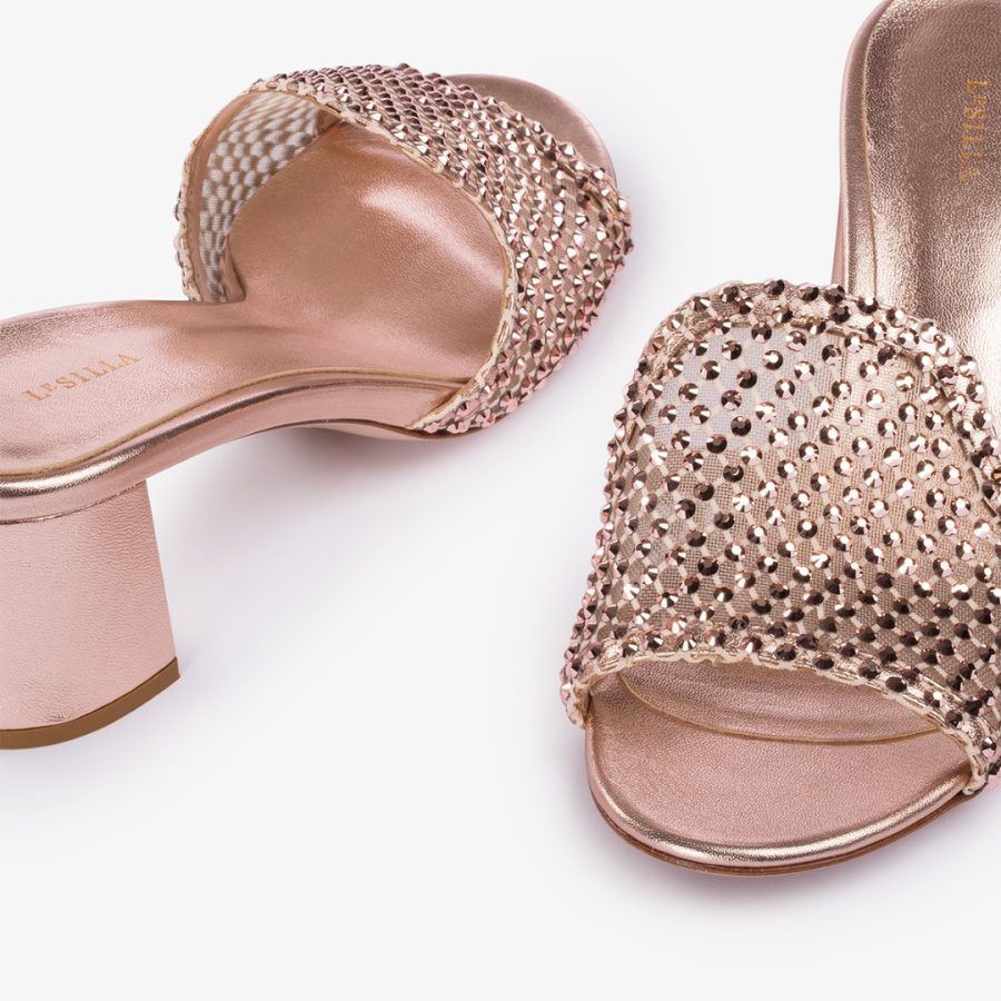 GILDA SANDAL 60 mm-Gold pink fishnet sandal with Crystals - Image 4