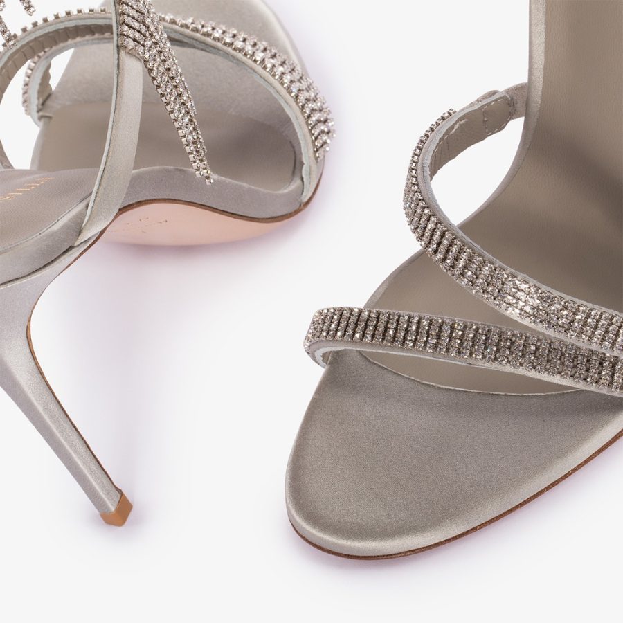 JEWELS SANDAL 110 mm-Silver satin sandal with silver fringes - Image 4