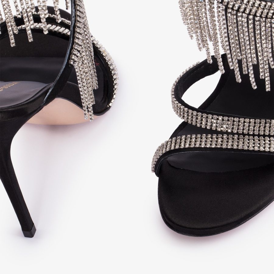 JEWELS SANDAL 110 mm-Black satin sandal with silver fringes - Image 4