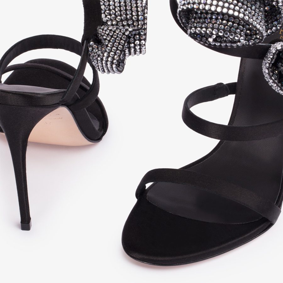 ROSE SANDAL 110 mm-Black satin sandal with silver Crystal-embellished roses - Image 4