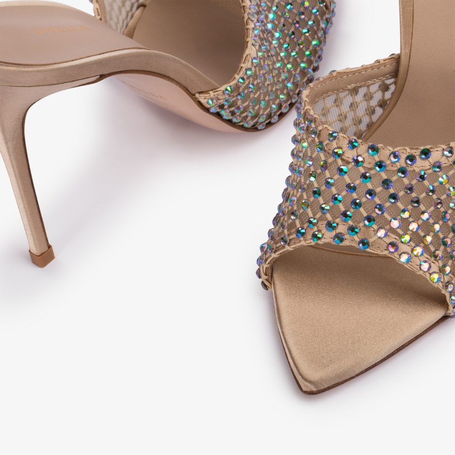 GILDA SANDAL 110 mm-Gold fishnet mule sandal with iridescent Crystals - Image 4