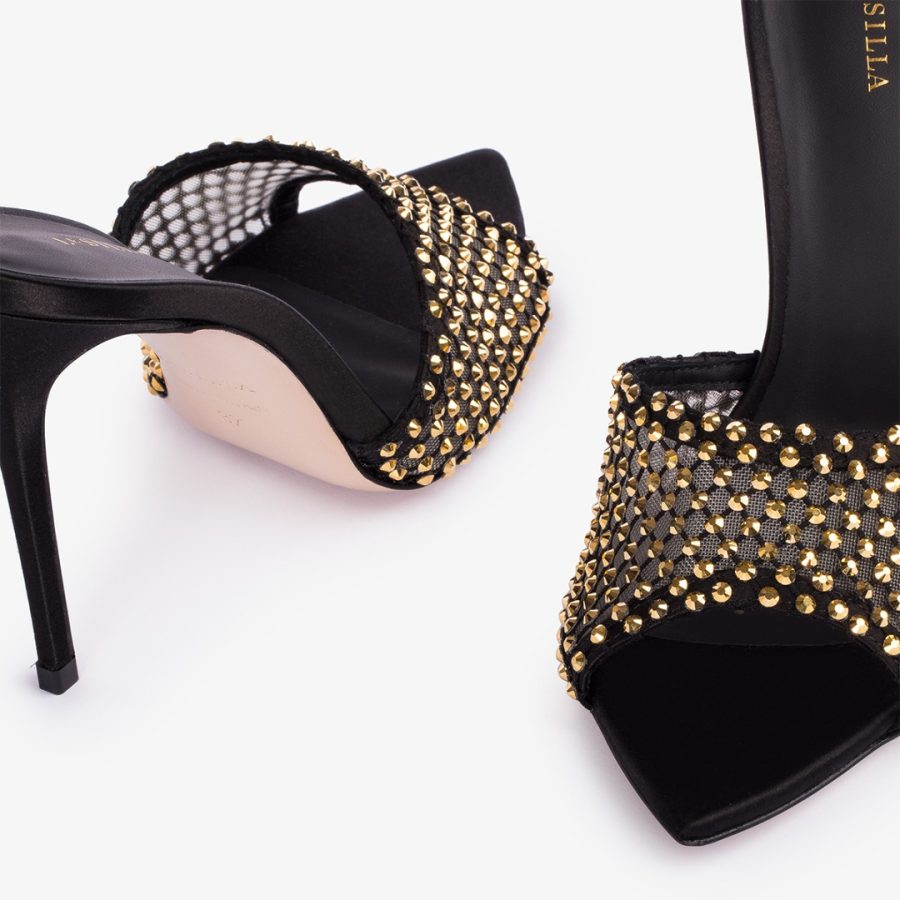 GILDA SANDAL 110 mm-Black fishnet sandal with gold Crystals - Image 4