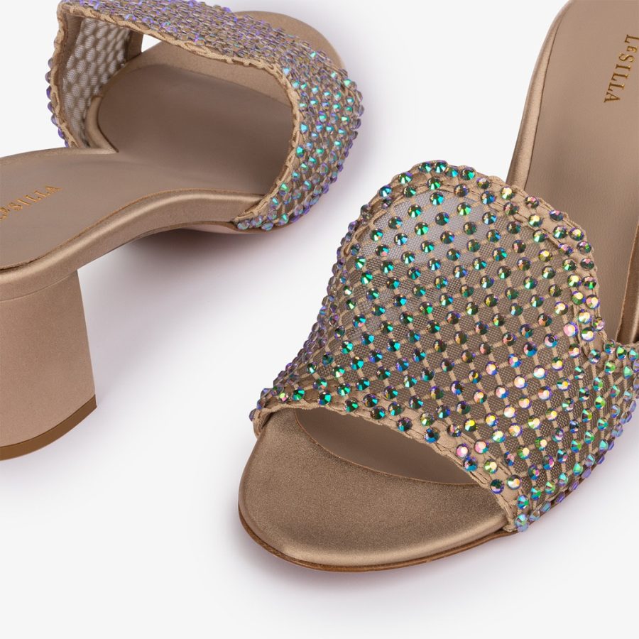 GILDA SANDAL 60 mm-Gold fishnet mule sandal with iridescent Crystals - Image 4