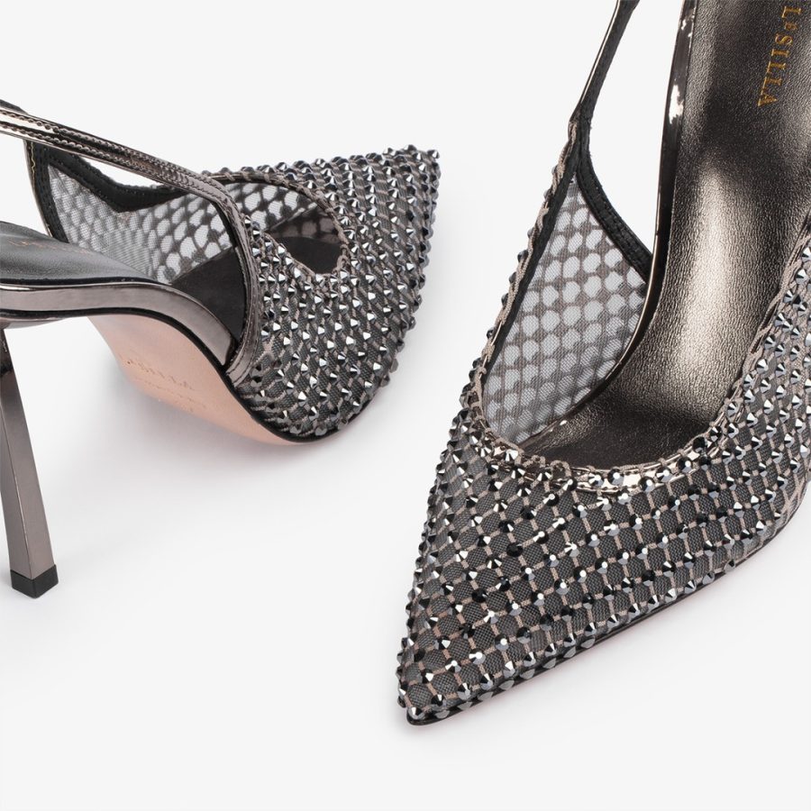 GILDA SLINGBACK 100 mm-Pewter fishnet slingback with Crystals - Image 4