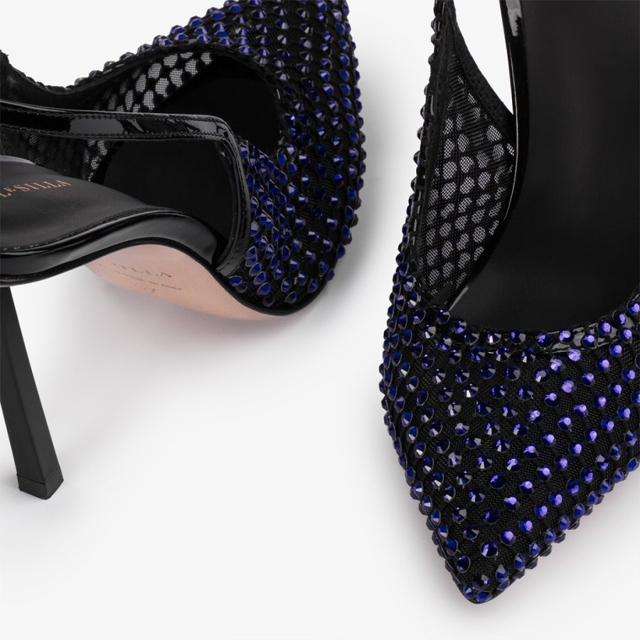 GILDA SLINGBACK 100 mm-Midnight blue fishnet slingback with Crystals - Image 4