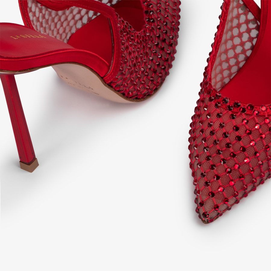 GILDA SLINGBACK 100 mm-Red fishnet slingback with Crystals - Image 4