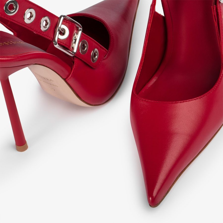 COURTNEY SLINGBACK 120 mm-Red leather slingback with silver eyelets - Image 4