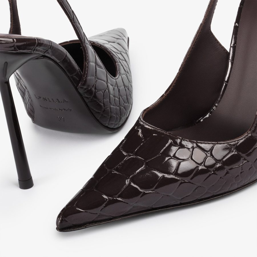 BELLA SLINGBACK 120 mm-Dark chocolate brown crocodile print slingback - Image 4