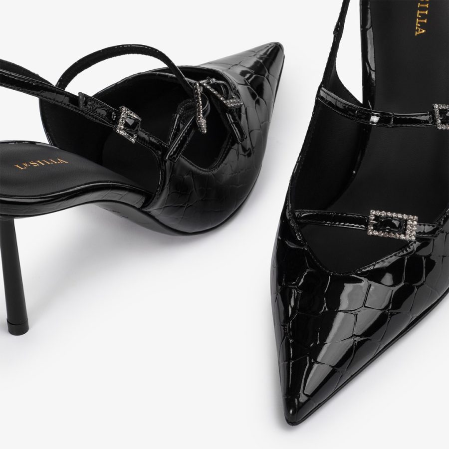 MORGANA SLINGBACK 80 mm-Black crocodile print slingback with straps - Image 4