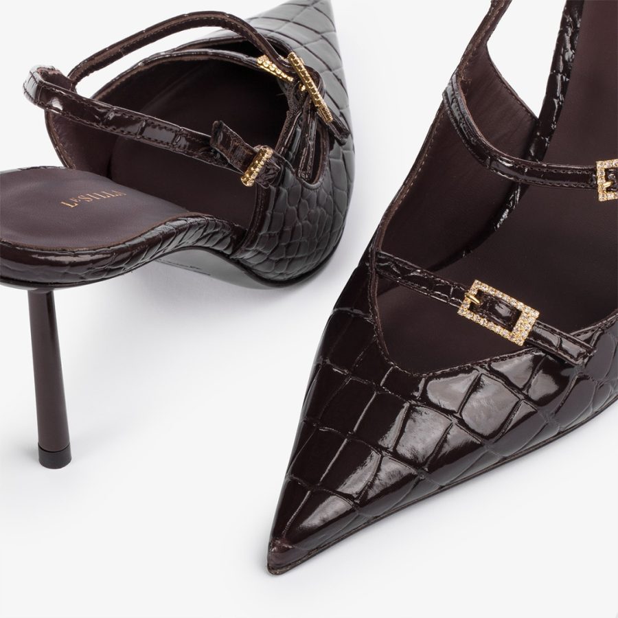 MORGANA SLINGBACK 80 mm-Dark chocolate brown crocodile print slingback with straps - Image 4