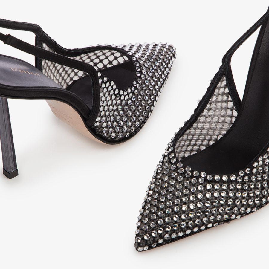 GILDA SLINGBACK 100 mm-Black fishnet slingback with Crystals - Image 4