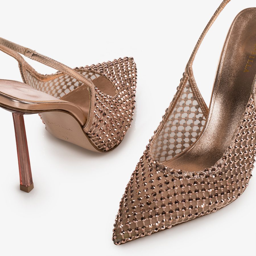 GILDA SLINGBACK 100 mm-Gold pink fishnet slingback with Crystals - Image 4