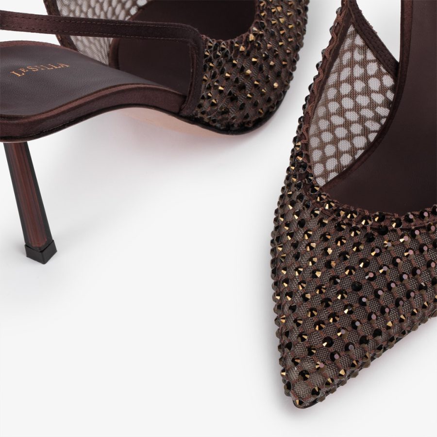 GILDA SLINGBACK 80 mm-Dark chocolate brown fishnet slingback with Crystals - Image 4