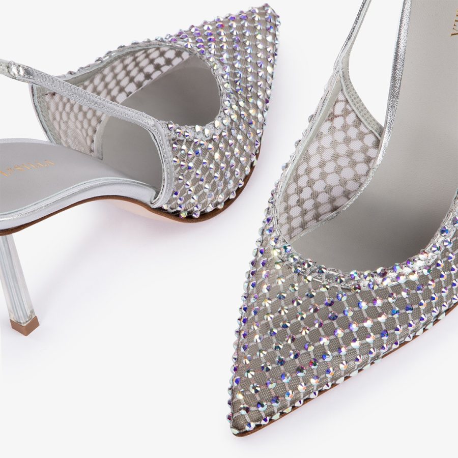 GILDA SLINGBACK 80 mm-Eclipse silver fishnet slingback with Crystals - Image 4