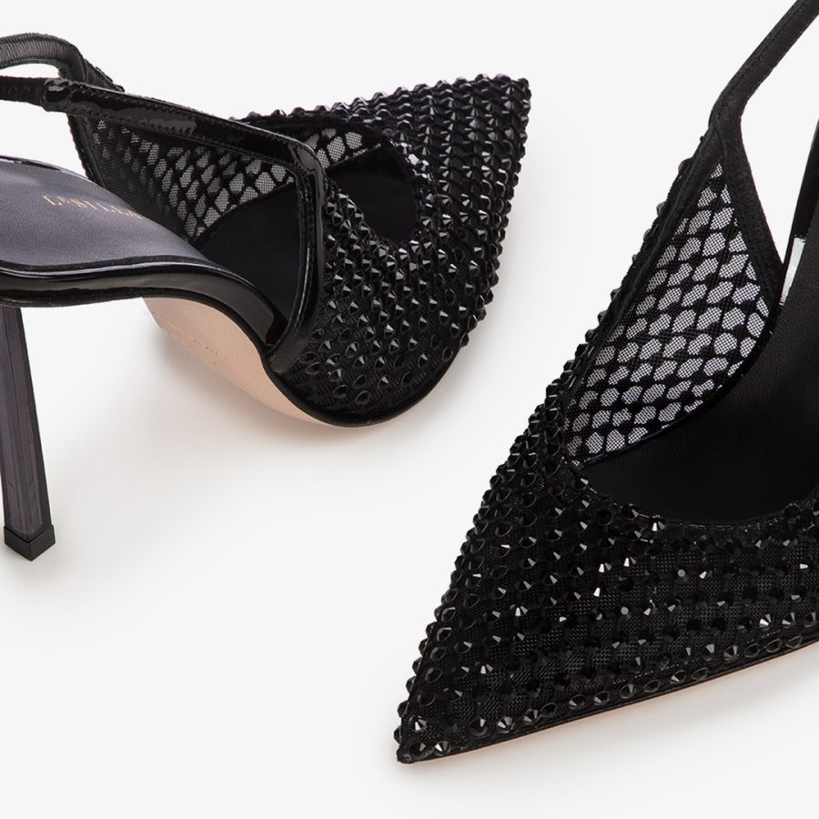 GILDA SLINGBACK 100 mm-Jet black fishnet slingback with Crystals - Image 4