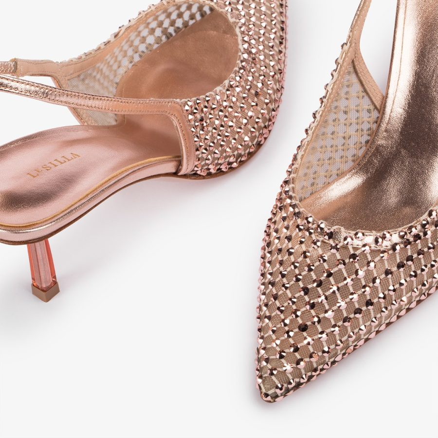 GILDA SLINGBACK 60 mm-Gold pink fishnet slingback with Crystals - Image 4