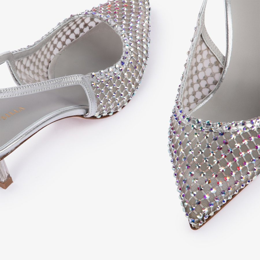 GILDA SLINGBACK 60 mm-Eclipse silver fishnet slingback with Crystals - Image 4