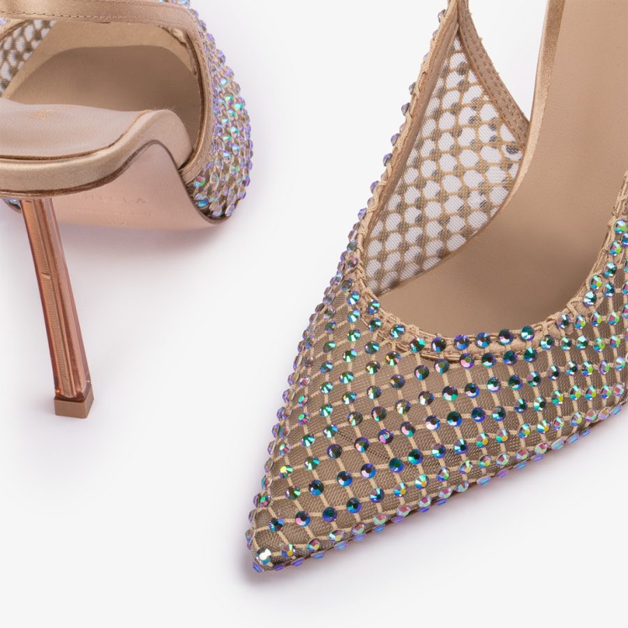 GILDA SLINGBACK 100 mm-Gold fishnet slingback with iridescent Crystals - Image 4