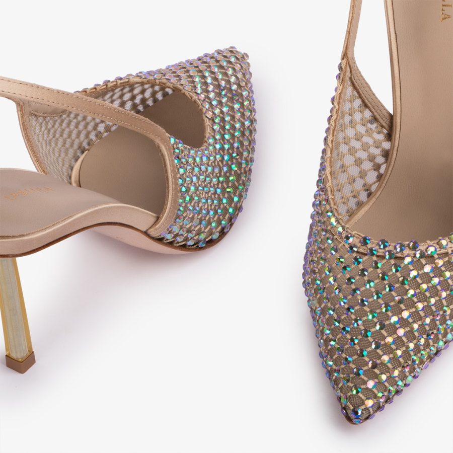 GILDA SLINGBACK 80 mm-Gold fishnet slingback with iridescent Crystals - Image 4