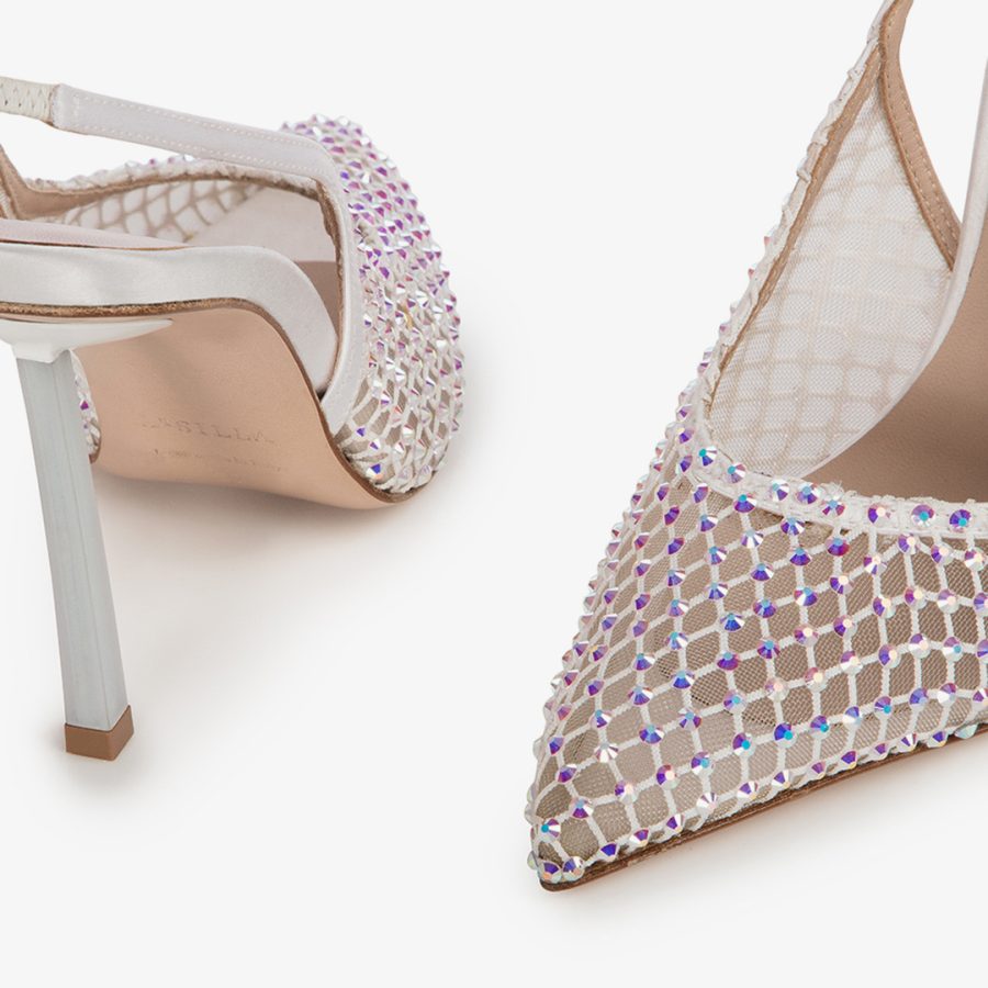 GILDA SLINGBACK 100 mm-White fishnet slingback with Crystals - Image 4